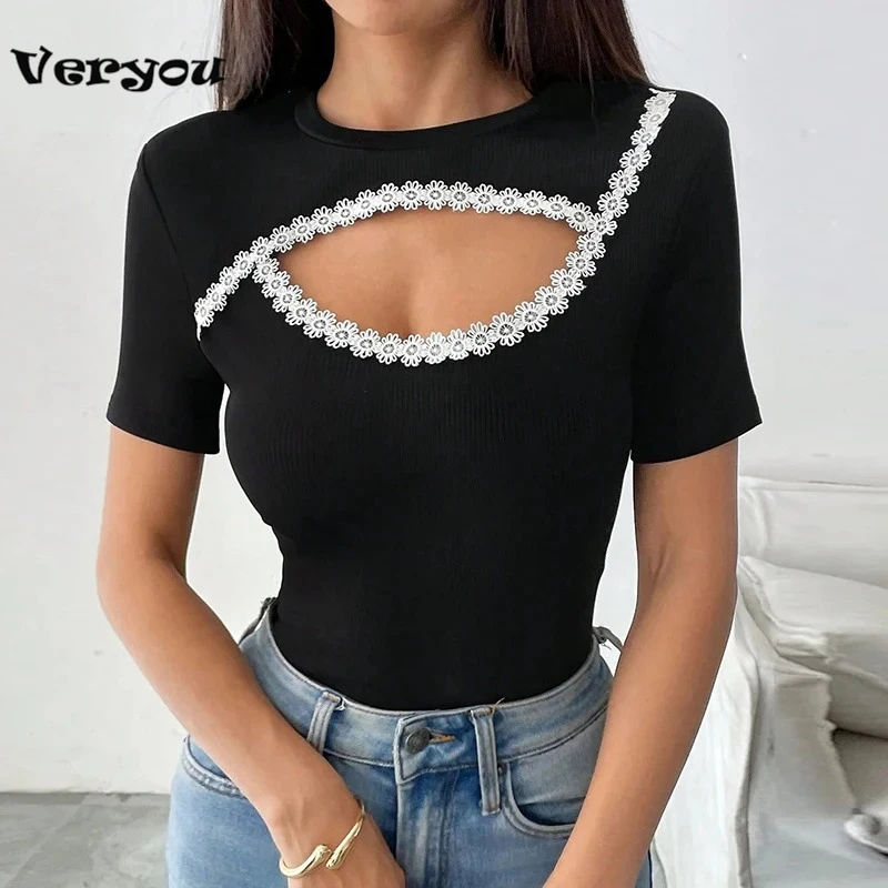 

Sexy Short Sleeve Hollow Out Tops Female Black Slim Tee Basic T Shirt Women Elegant Slim Tops