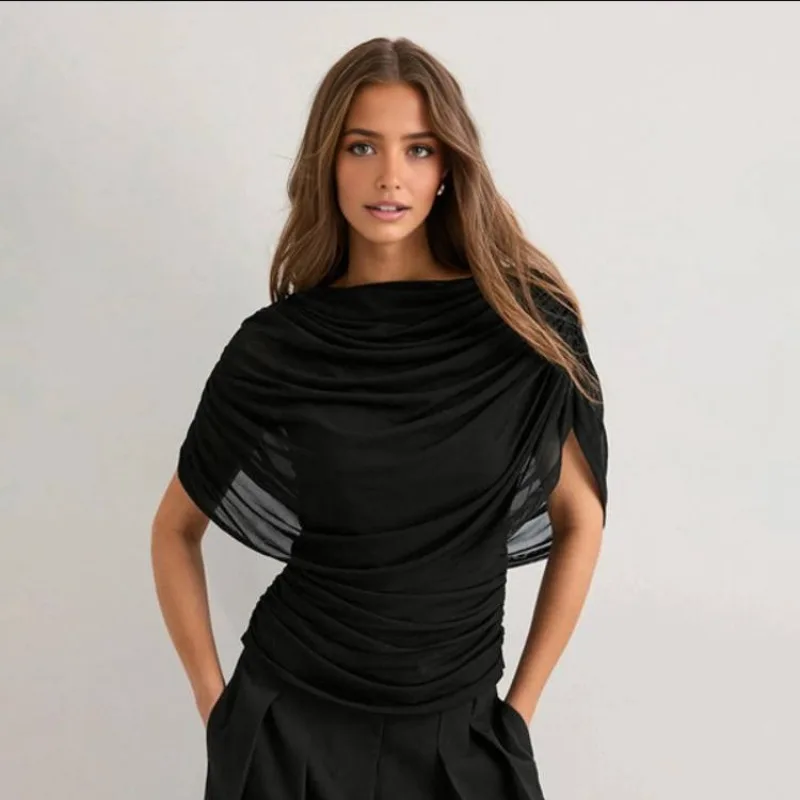 

Women'S Ruched Mesh Top Draped Asymmetrical Short Sleeve Tops Womens Clothes