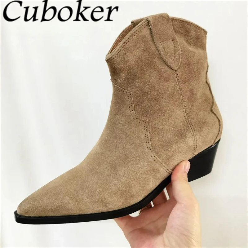 2024 Autumn Hot Sale Suede Leather Ankle Boots Women Pointed Toe Slip On Chelsea Boots Classic Chunky Heels Short Botas Mujer