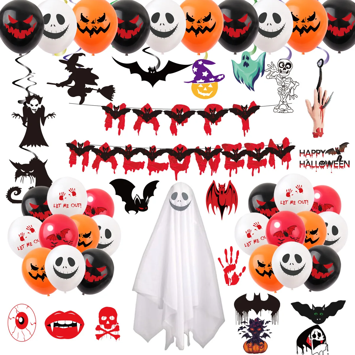 

2022 Halloween Venue Layout Props Bloody Bat Balloon Hanging Cake Insert Grimace White Bra Flag Set Holiday Party Decorations