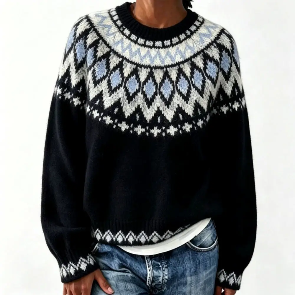 Women Winter Knitted Sweater Fair Isle Pullover O Neck Loose Long Sleeve Geometric Pattern Casual Warm Soft Tops