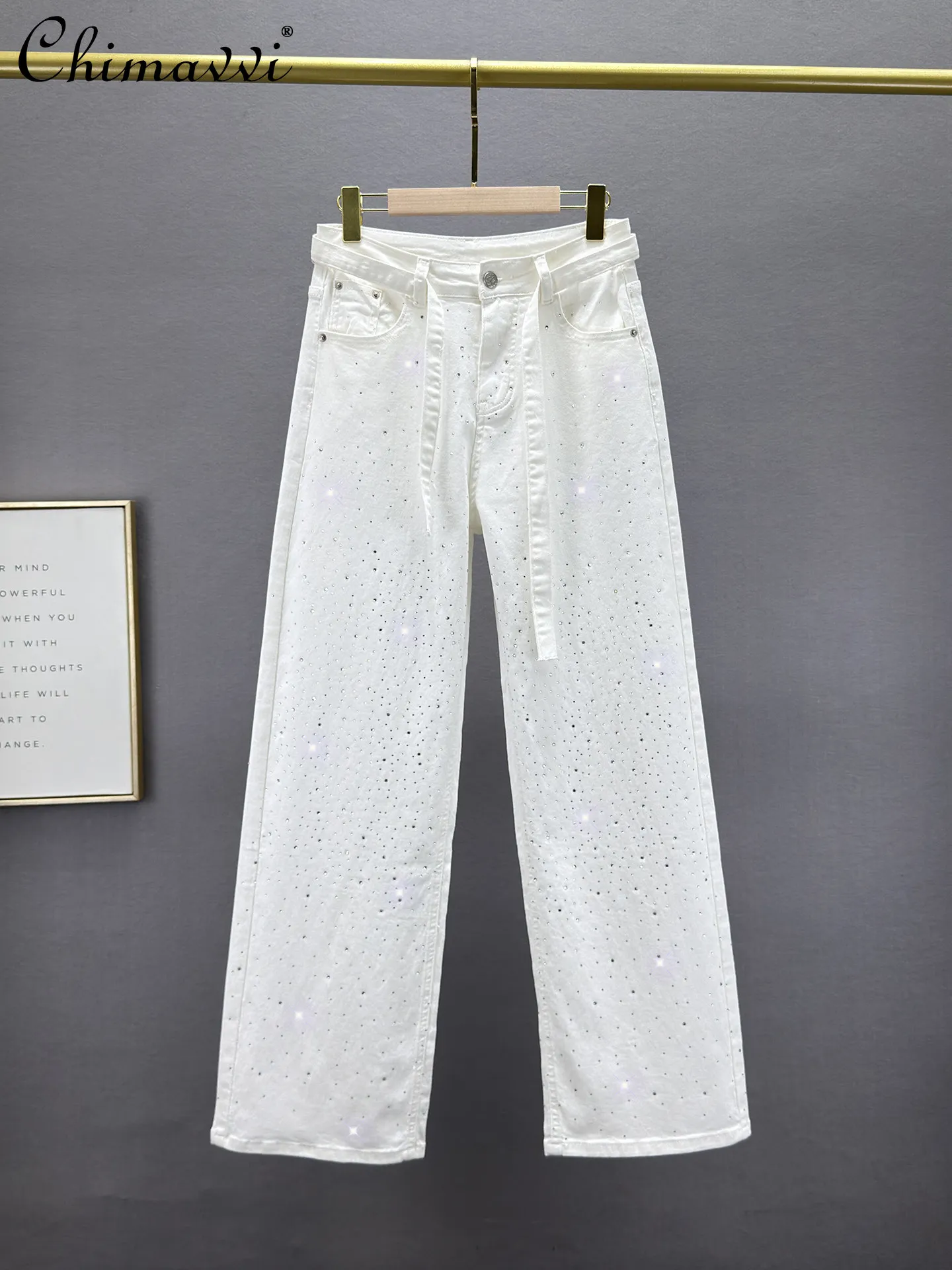 

Белые джинсы прямого кроя из денима с эффектом Hotfix, женские, весна 2026, новая модная коллекция, эластичные, с высокой талией, свободные, в европейском стиле, удлиненные брюки