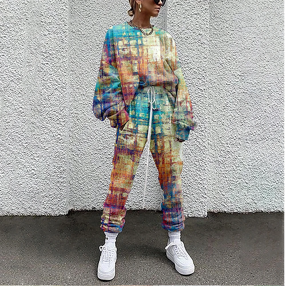 Women Tracksuit Vintage Texture Print 2 Piece Outfit Sweatshirt+Straight Sweatpants Matching Set Fitness Sporty Streetwear