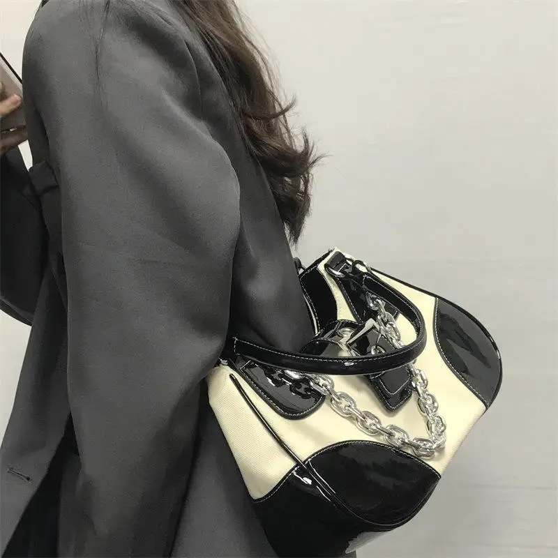New Fashion Underarm Bag Women's Bag Metal Chain Bag Versatile Shoulder Bag Spliced Lacquer Canvas Bag Handbag Small Square Bag