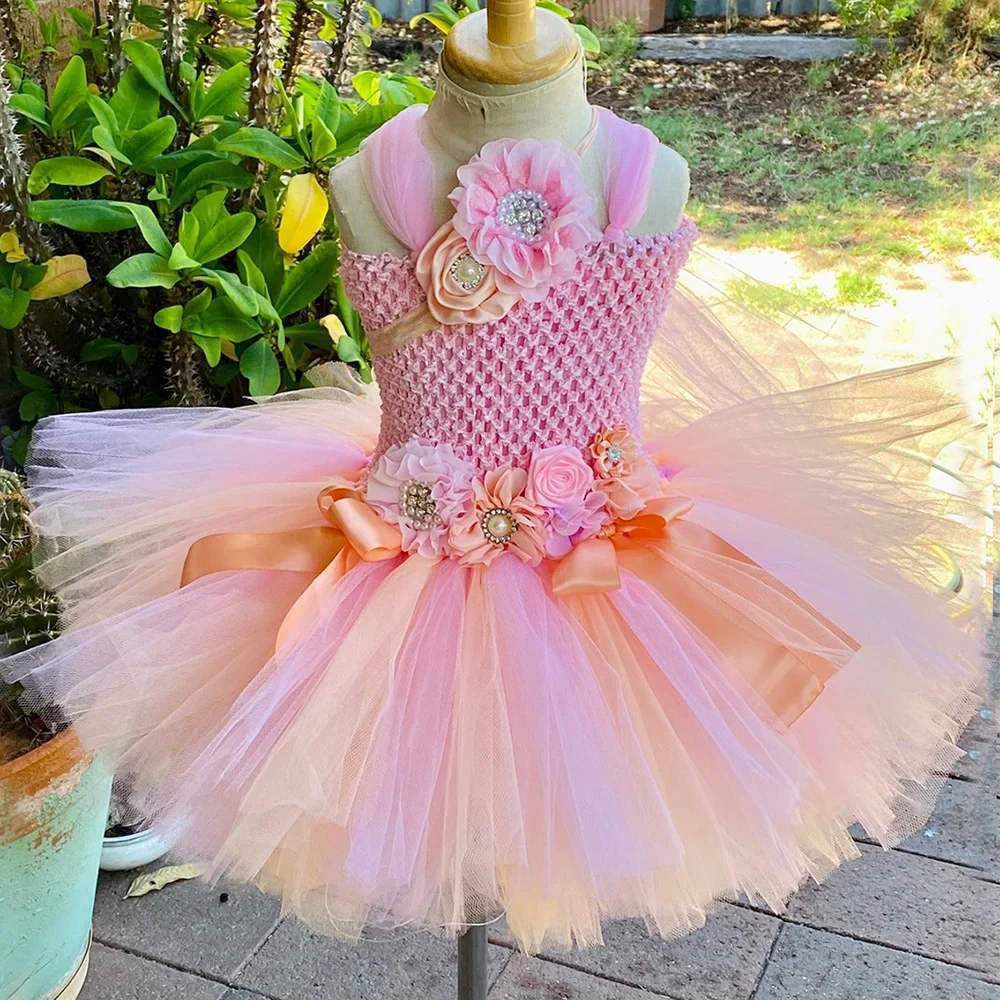 Pink Peach Flower Girl Tutu Dress Knee Length Girls Birthday Party Tulle Princess Dress Ball Gown Kids Holiday Perform Costume