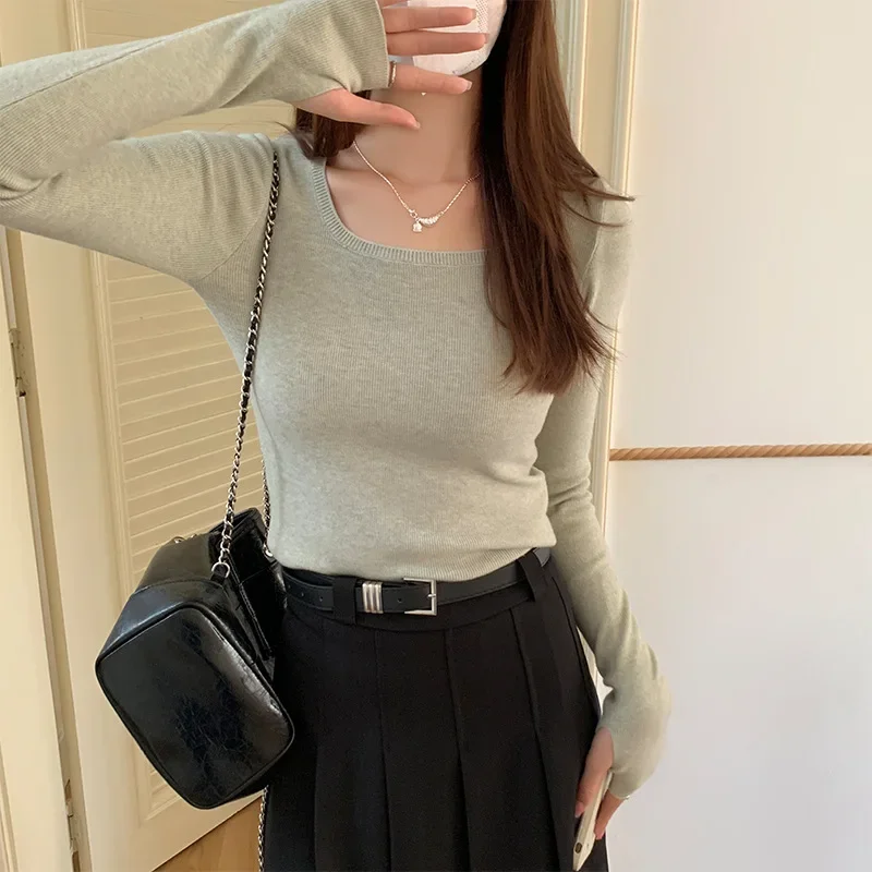 Grey Square Collar Long Sleeve Knitted Shirt Women's 2024 Autumn Spicy Girl Slim Fit Show off Thin Temperament