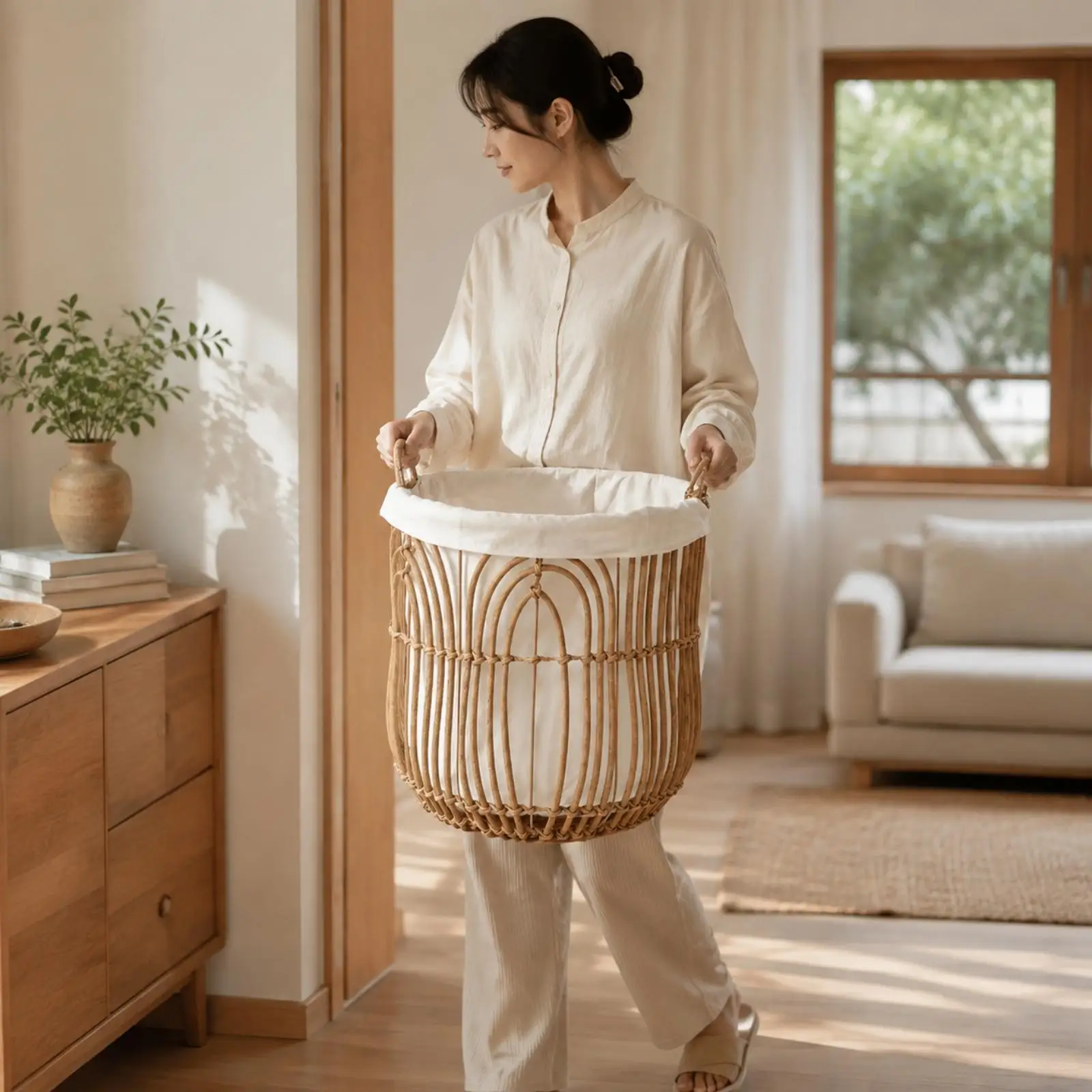 Decorative Braided Laundry Basket with Vertical Slats and Horizontal Bands for Dirty Clothes Collection