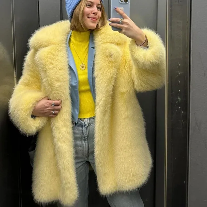 Women's Winter Coat Notched Collar Mid-Long Length Elegant Jacket with Pockets for Winter Female Outerwear Clothing Solid Color