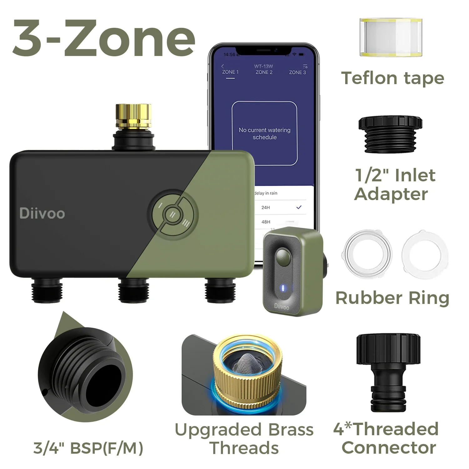 Diivoo Garten-WLAN-Bewässerungstimer für 1/2/3/4 Zonen, Automatischer Bewässerungstimer, Bewässerungssystem-Controller mit Regenverzögerung und Manueller Bewässerung