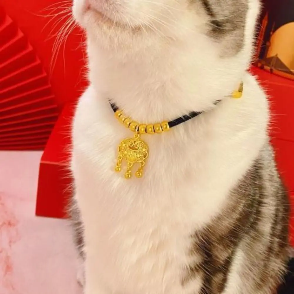 Chinese Style Pet Weave Longevity Golden Lock Traditional Alloy/Polyester Cat Weave Necklace Adjustable Hand Knit Cat Collar