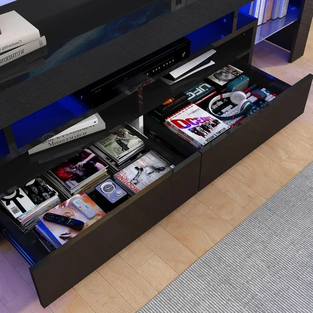 63in TV Stand 65/70 Inch TV,Modern LED TV Stand Living Room,Black Stand,High Gloss Entertainment Center Storage Drawer