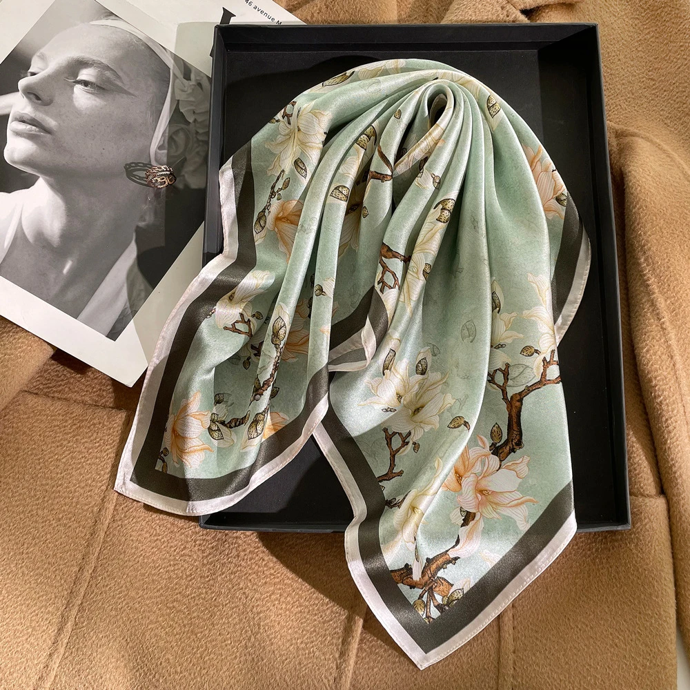 Spring/Summer Fashion Magnolia Flower Neckerchief Outdoor Decoration Wraps for Women 70*70cm Print Imitation Silk Square Scarf