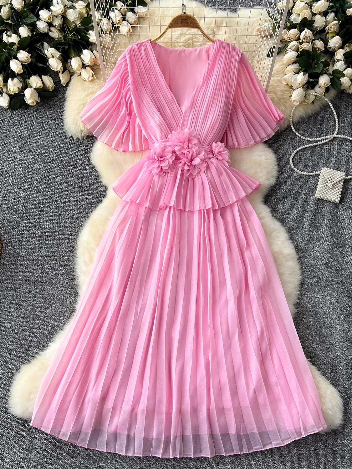 Summer Vintage Women Yellow/Black/Pink/White Draped Chiffon Midi Dress Elegant Short Sleeve 3D Flower Patchwork Vestido 2024 New