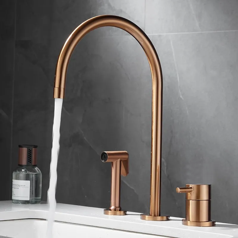 

Rose Gold Basin faucet with Hand Shower Head three holes Widespread bathroom faucet sink tap 360 rotating widespread basin Tap