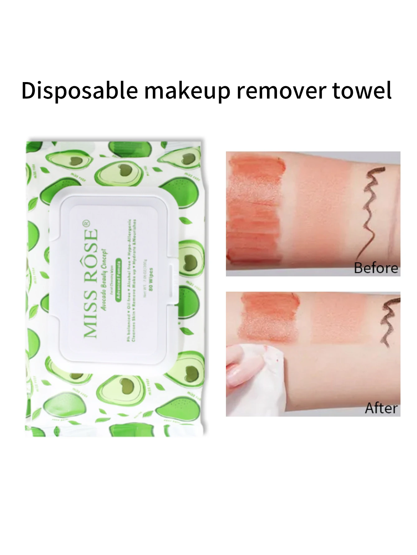 使い捨てアボカドメイク落としワイプ-メイク落とし、自動プレスボックス、80枚パック、メイク落とし、ポータブルバッグ
