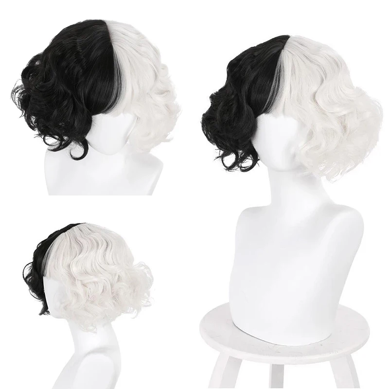 Hairjoy synthetisches haar cosplay cruella lose locken bob mit ordentlich knall schwarz weiß perücke für frauen halloween kostüm – Detail 1