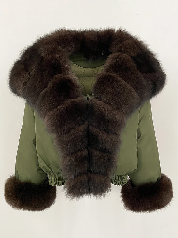 New Parker Coat Winter Clothes Women Big Natural Fox Fur Down Coat Fashion Warm Short Real Fur Cuffs Puffer Jacket Female