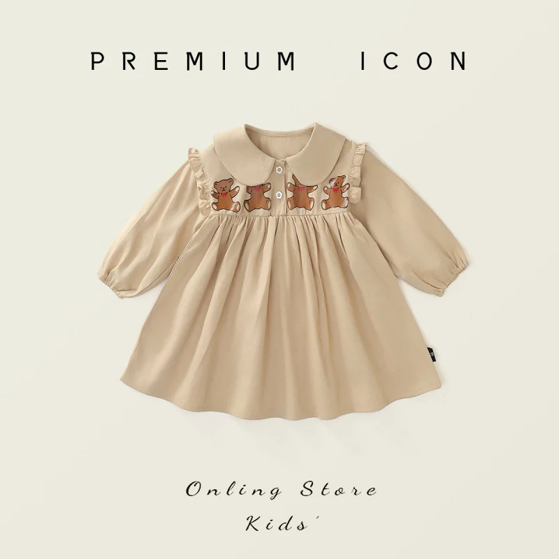 

Girls' Doll Collar Dress Spring and Autumn Toddler Cartoon Bear Flutter Sleeve Dress