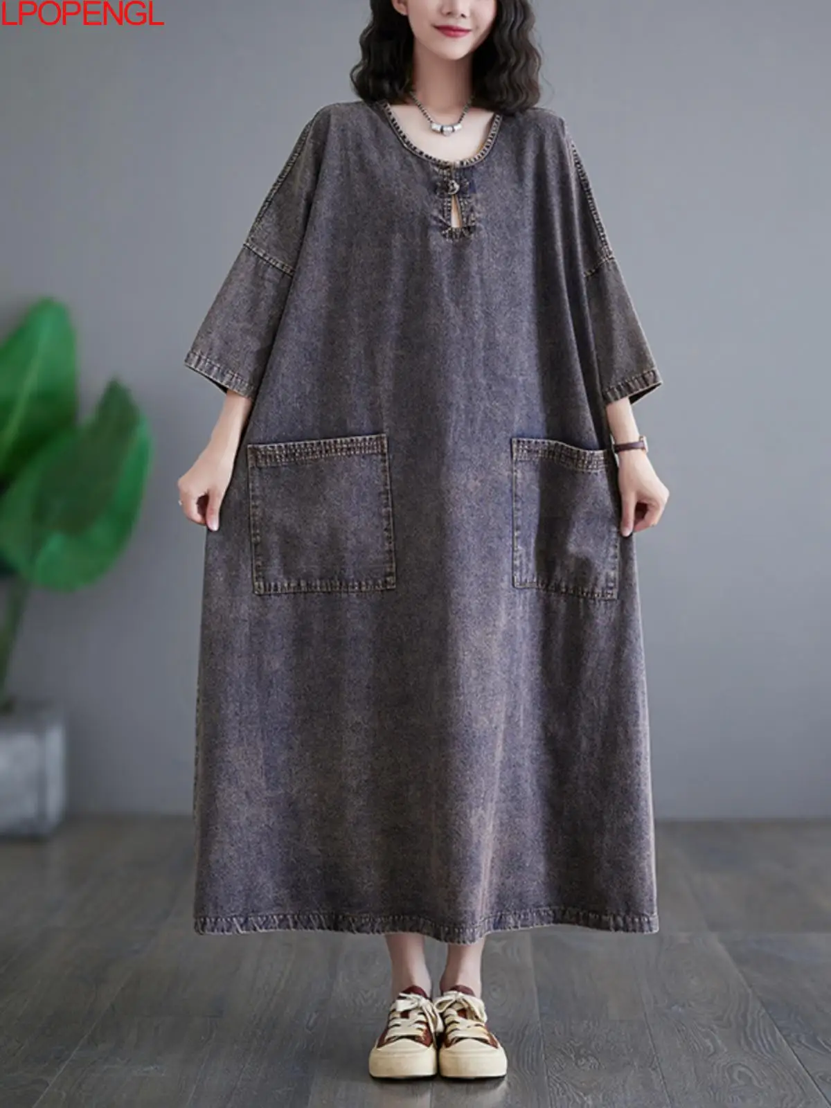 New Fashion Spring And Summer Loose Casual Round Neck Button Denim Dress Women\'s A-line Large Hem Pullover Streetwear Long Dress