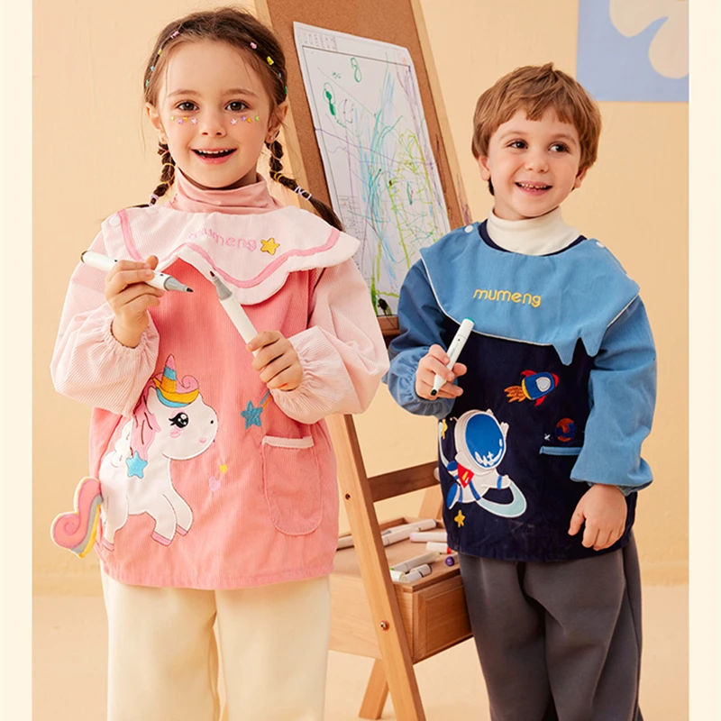 

Children Winter Aprons Waterproof Long Sleeved Cover Art Painting Reverse Dressing Baby Eating Bib Kids Stain Resistant Overalls