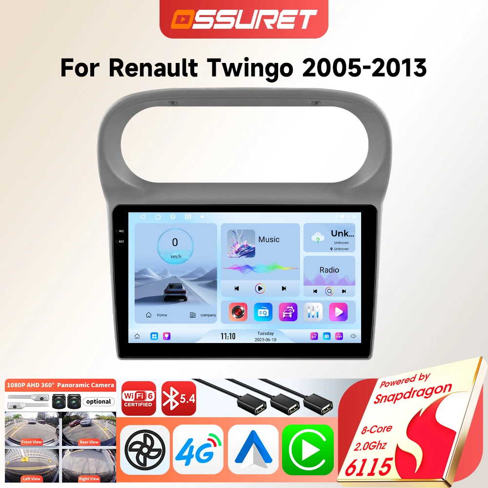 Autoradio Android 8 Core per Renault Twingo 2005-2013 con Carplay Wireless, GPS Auto, Multimedia, Schermo Touch 6115, Telecamera 360°