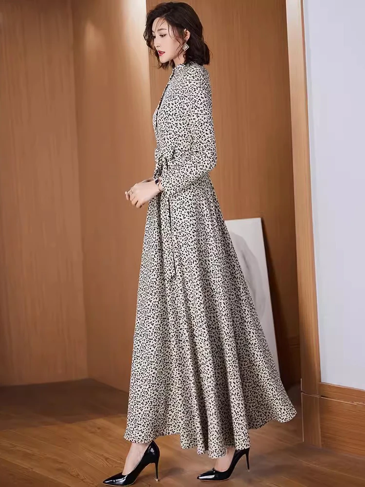 New Women Dot Print Long Dress Spring Autumn Fashion Elegant Small Stand Collar Long Sleeve Belt Slim Overlength Casual Dress