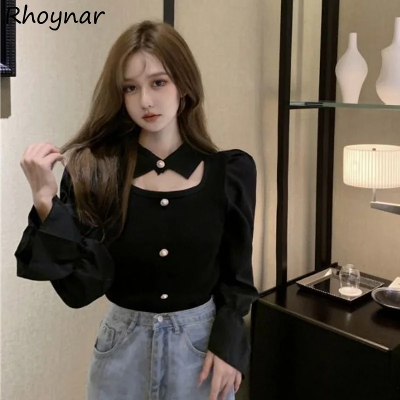 

Blouses Women Autumn Fashion Spliced Elegant Princess Female Puff Sleeve Versatile Chic Hollow Out Designer Korean Style Tender