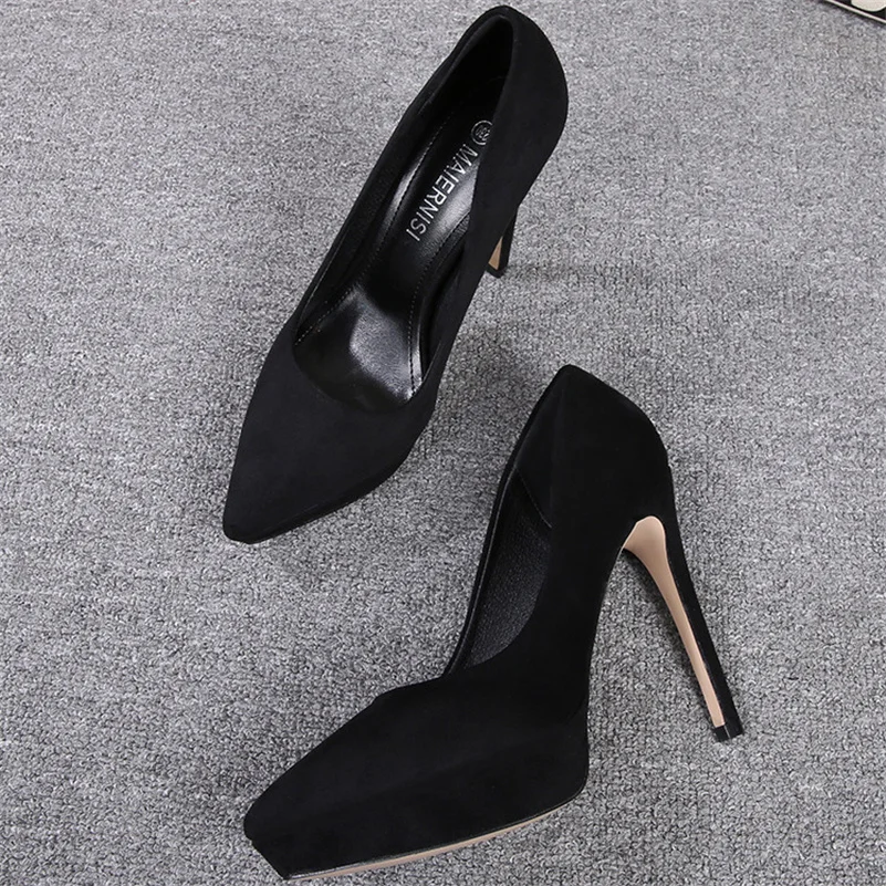 2023 Women 12cm High Heels Scarpin Valentine 2.5cm Platform Heels Pumps Lady Pointed Toe Heels Green Flock Plus Size Prom Shoes