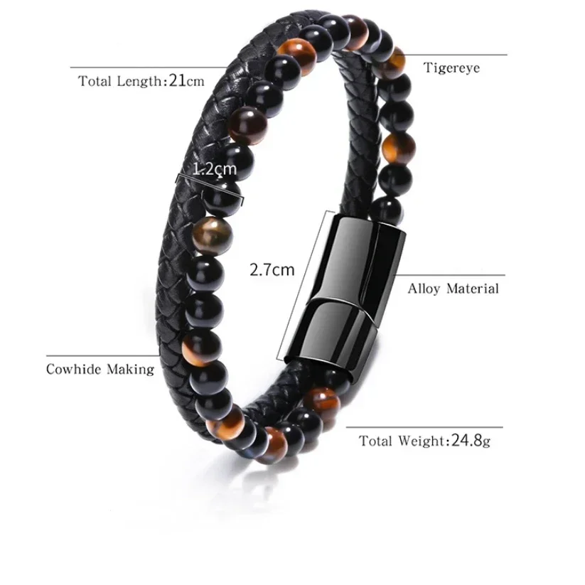European and American Men\'s Bracelets Volcanic Tiger Eye Beaded Natural Stone Bracelets Handwoven Leather Bangles Jewelry