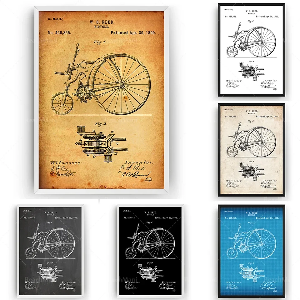 Bicycle 1890 Patent Printed Wall Art Poster Cycling Blueprint Poster