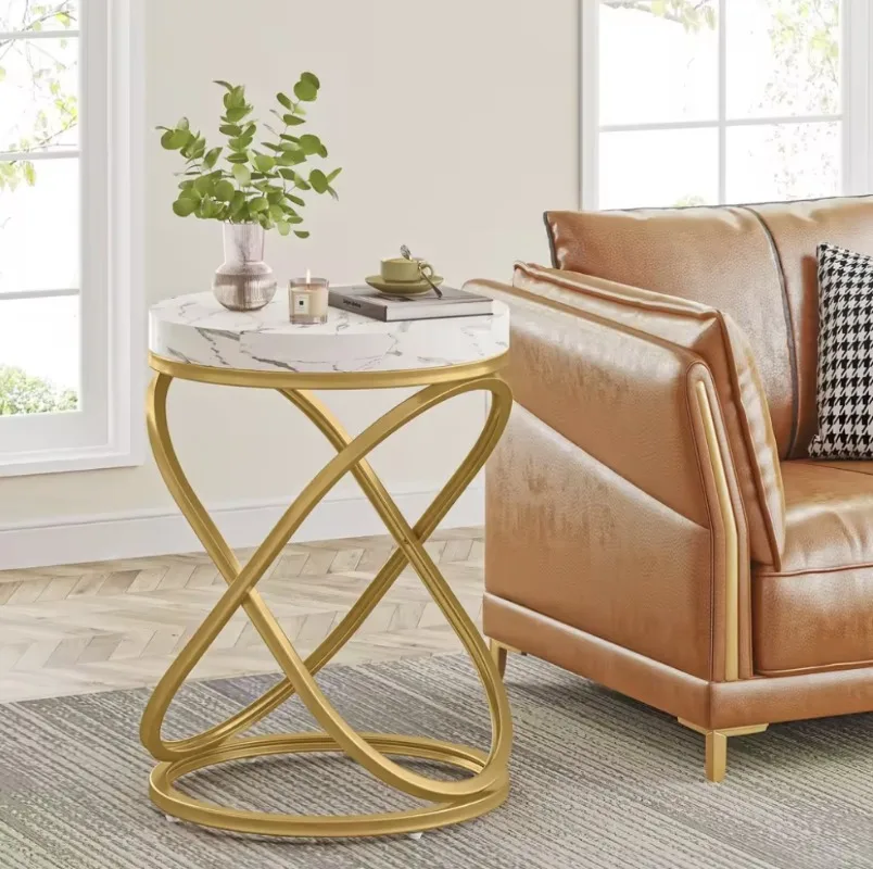Round marble coffee table with gold interlaced frame side table