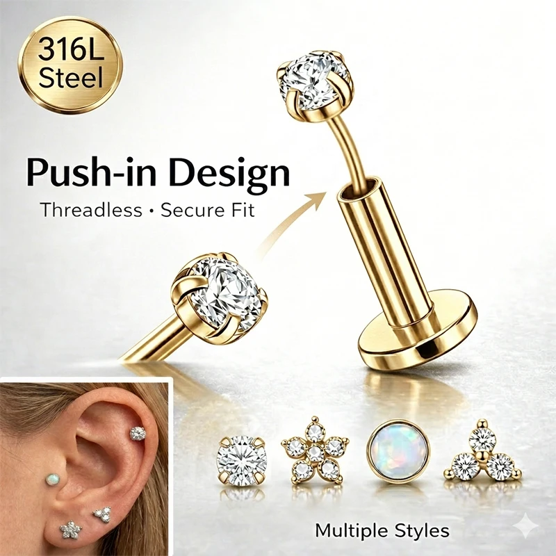 EVISPOL 18G Stainless Steel Threadless Labret Lip Stud Earrings for Women Hypoallergenic Put in Flat Back Conch Piercing Jewelry