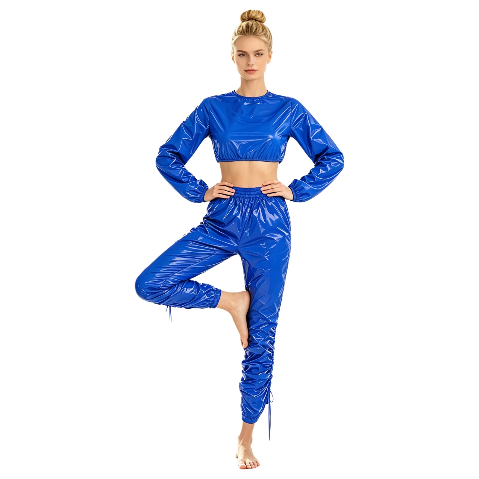 Adults Women Waterproof Vinyl Sweatsuit Crew Neck Back Zip Crop Top with Elastic Waist Capri Pants Side Drawstrings for Workout