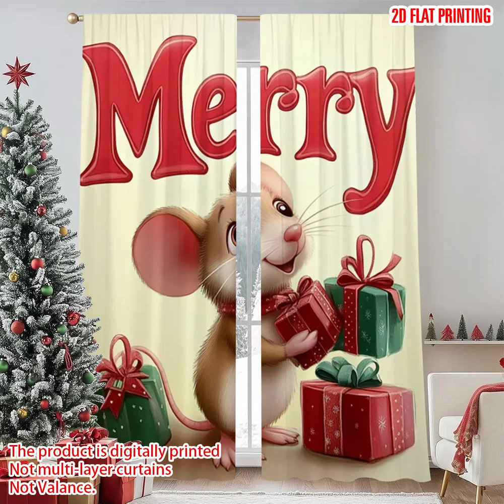 

2pcs 2D flat printing Merry Christmas Party Curtains Christmas Mouse_ Versatile Durable Polyester Without Electricity Holiday