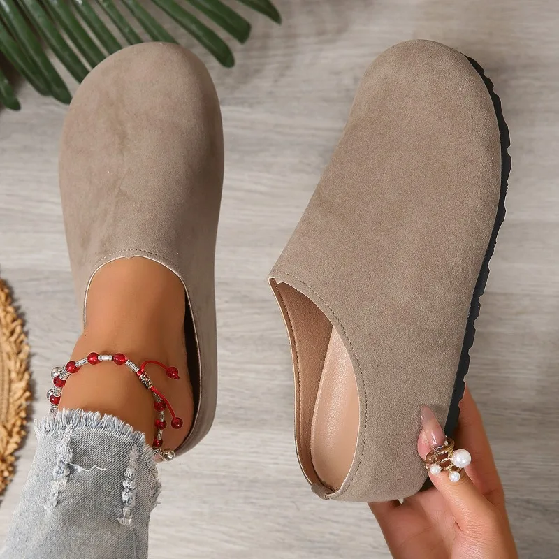 Новые женские тапочки с закрытым носком, замшевые сабо с круглым носком, однотонные женские туфли-лодочки в стиле ретро на толстой подошве, Zapatos De Mujer