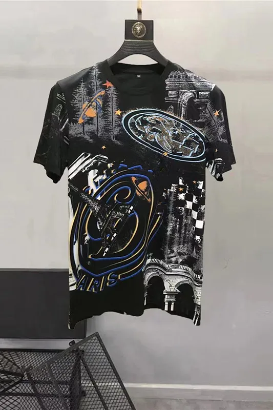 Europe and the United States men's 2024 summer new Round neck Short sleeve hot drill graffiti printing fashion Casual T-shirt