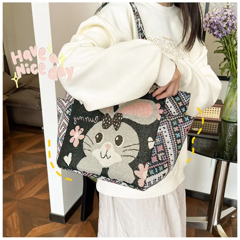 

Animal Handbag Large Capacity Canvas Embroidery Shoulder Bag Ethnic Style Shopping Bag Women