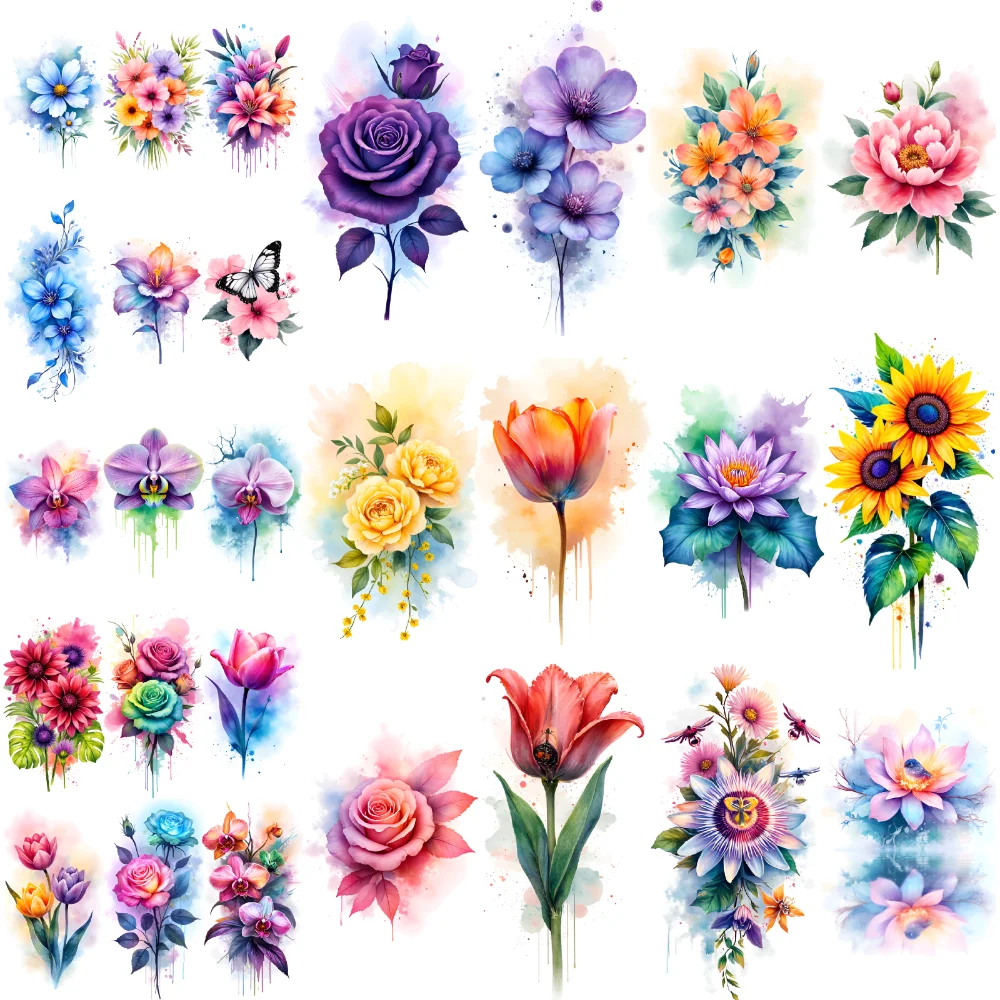 

9pcs Temporary Tattoo Water Lily Waterproof Long-lasting Body Stickers Blue Flower Purple Flower Watercolor Yellow Flowers For