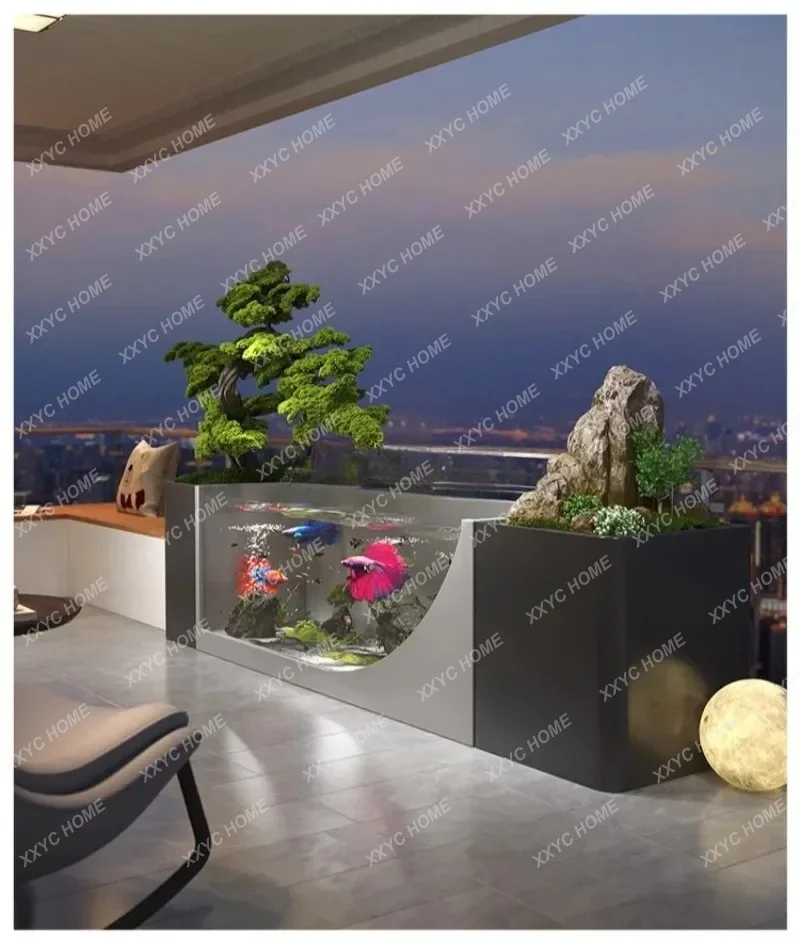 

L Finished Stainless Steel Balcony Fish Pond Rustproof Circulating Flowing Water Glass Tank Metal Ecological Waterscape
