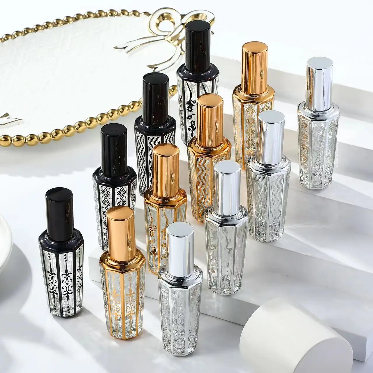 15ml Spray Bottles Black Gold Sliver Electroplated UV Perfume Refillable Bottles Glass Empty Containers Atomizer for Travel