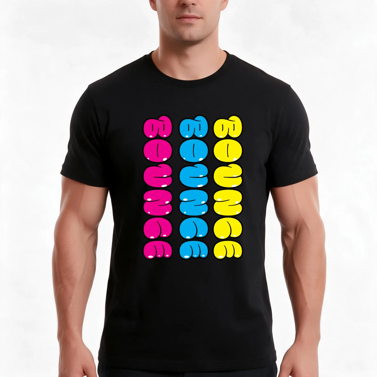 Bounce Bounce Bounce - Yellow, Cyan, and Magenta T-Shirt, Summer Casual Cotton Tee, Oversized Streetwear Tops, Unisex Men Women