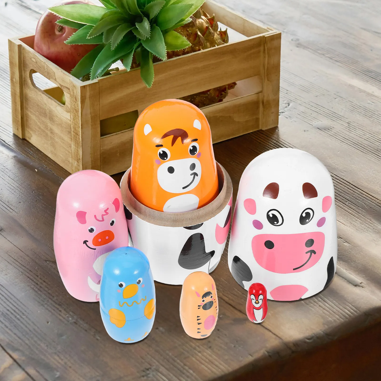 

1Set Wooden Stacking Nesting Animal Pattern Russian Matryoshka Crafts Home Table Decor Brain Development Nesting