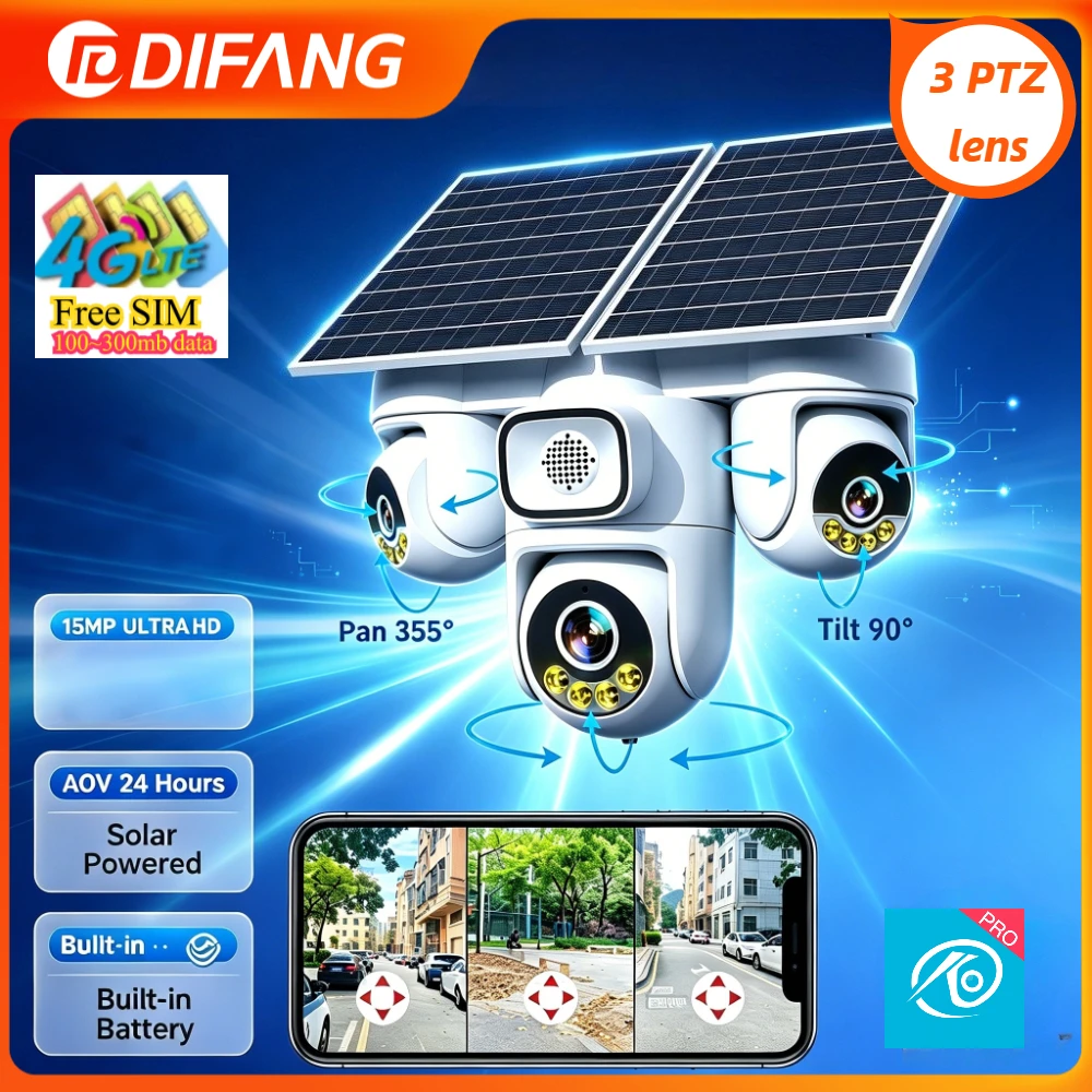 4G Solar AOV Camera 15MP 3 Lens 3 Screen 3 PTZ 6 Motors 360° Rotation Built-in Battery Wireless Outdoor Security CCTV Cam