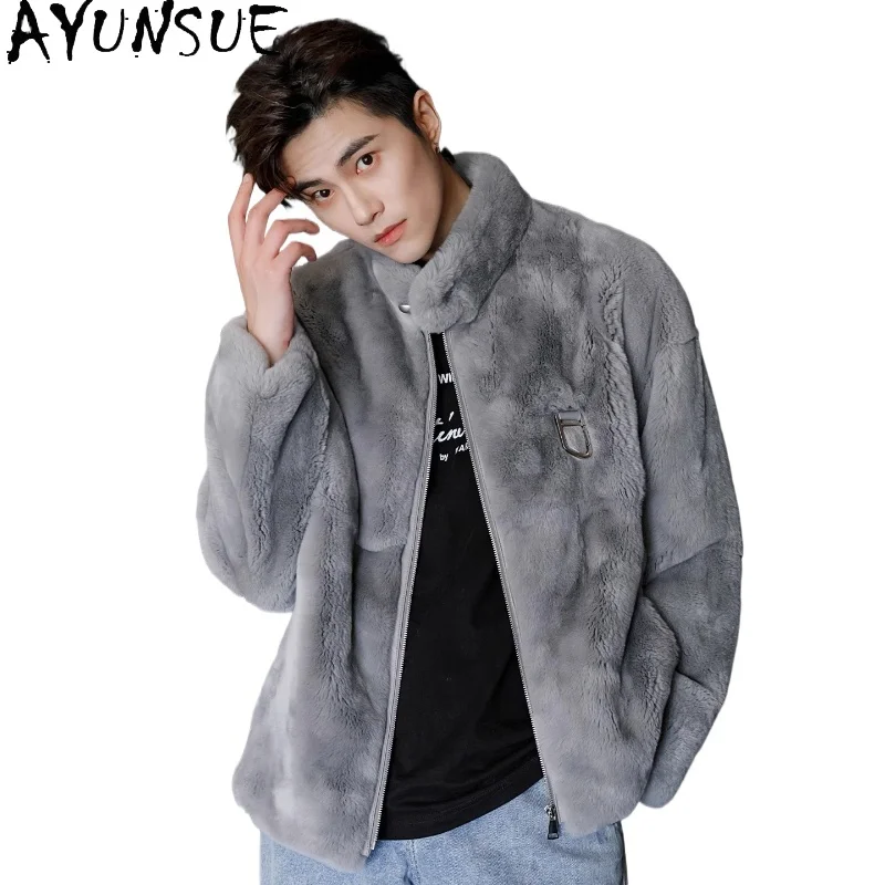 AYUNSUE Luxury Natural Rex Rabbit Fur Jacket for Men Autumn Winter High-street Real Fur Coat Man Clothing Stand Collar Abrigos