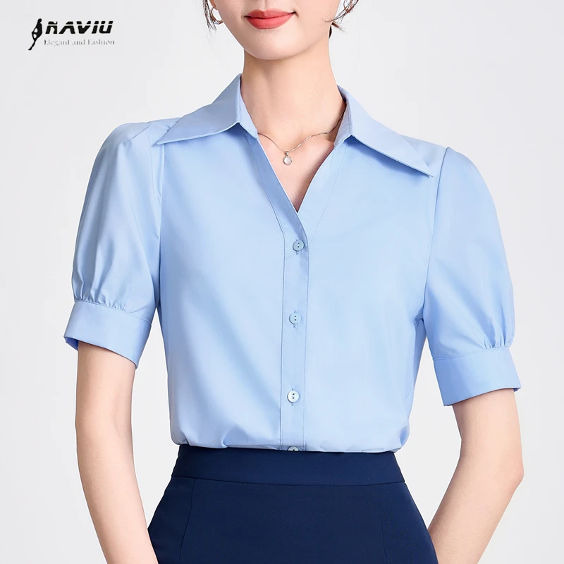 

NAVIU Women's V-Neck Short Sleeve Blouse Elegant Professional Formal Office Top Ladies Workwear Fashion Temperament Blue White