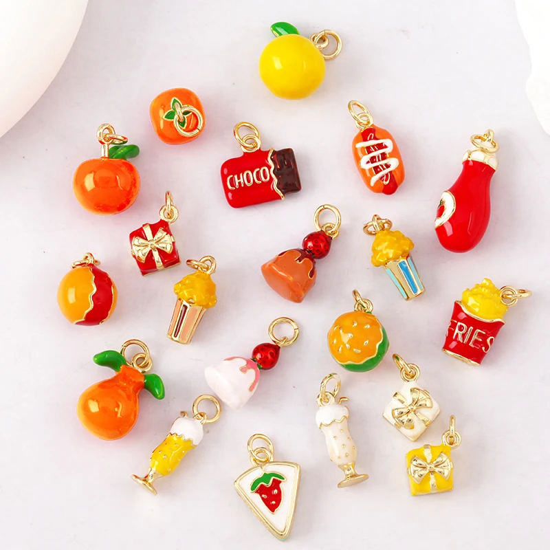 Pure Copper Fruits Apple Hamburger Chips Ice Cream Pendant Necklace Findings,Drip Oil Red Cocktail Gift Box Jewelry Charm T02
