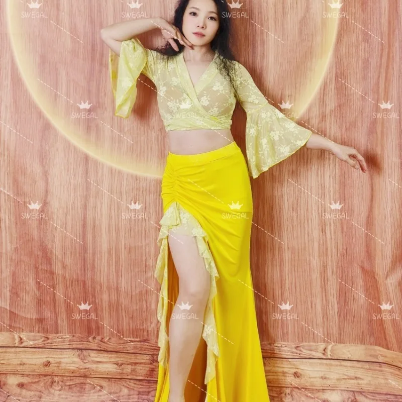 فستان رقص شرقي مخصص ممارسة الزي أزياء الرقص الشرقي الدانتيل زهرة صافي البوق كم مع تنورة شق الدانتيل #4