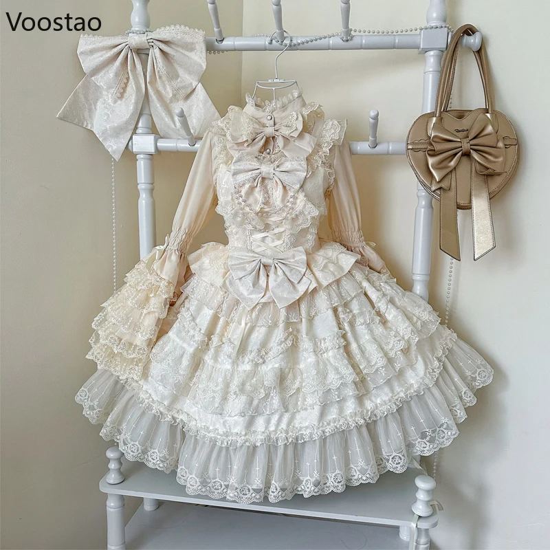 Victorian Sweet Lolita Jsk Dress Women Kawaii Cute Lace Ruffles Flower Wedding Bow Dress Japanese Vintage Elegant Princess Dress