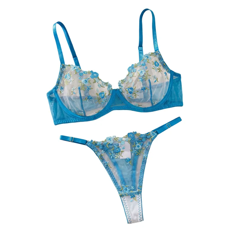 Women Floral Embroidery Lingerie Set Blue Mesh Sexy Intimate Underwear Underwire Transparent Bra Panty Set Three-point Lingerie