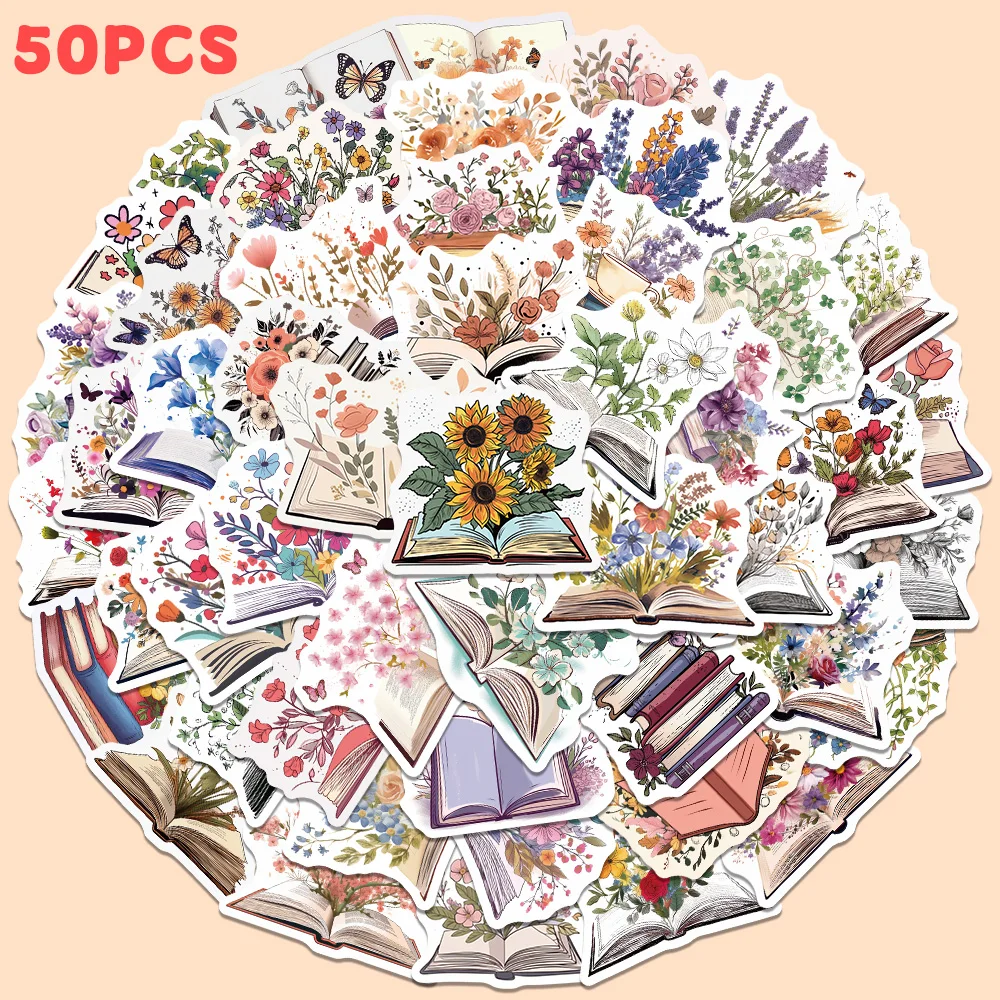 

50pcs Flower Book Sticker Aesthetic Retro Decal For Phone Case Diary Fridge Backpack Magazine PVC Decal Sticker DIY Holiday Gift